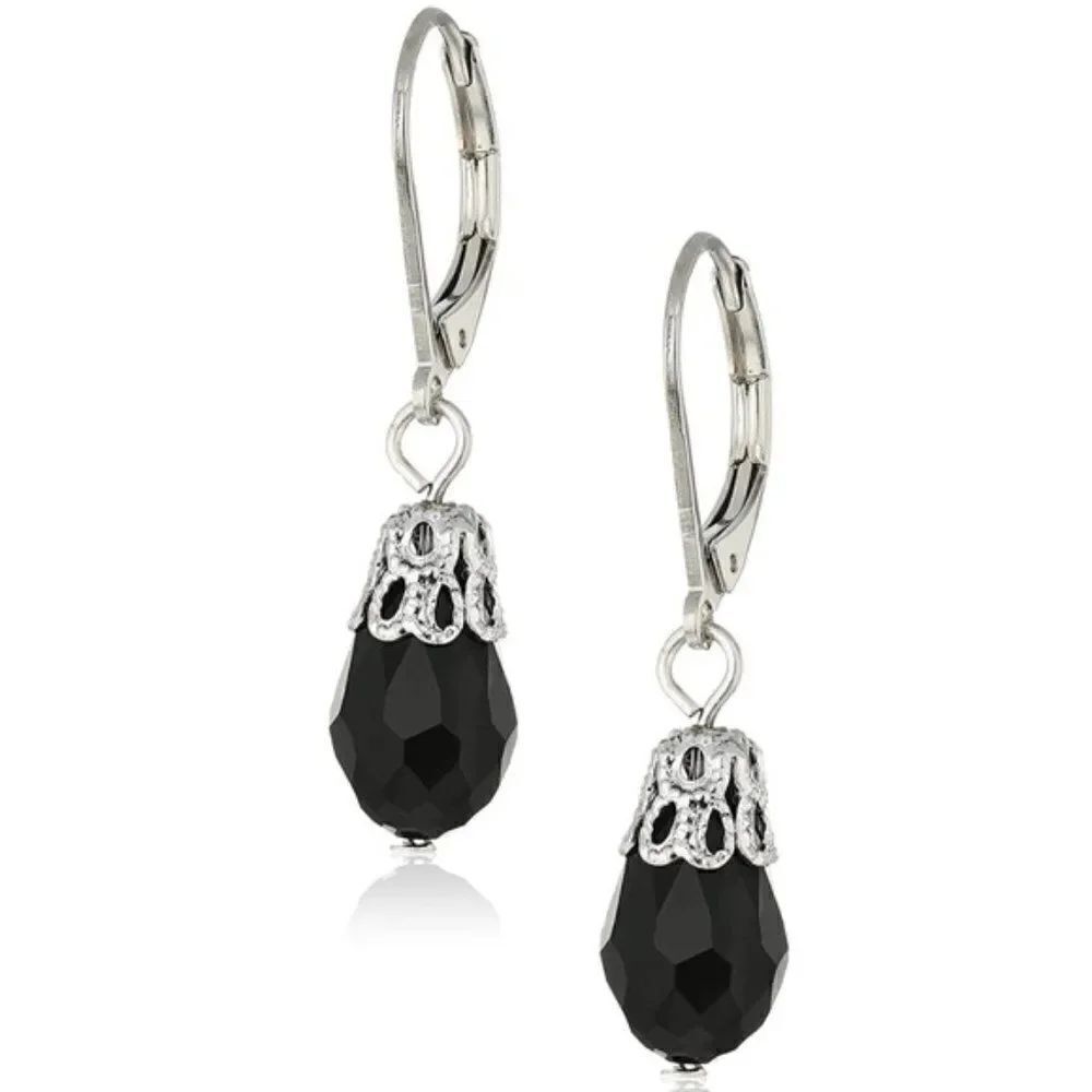 1928 Silver and Black Onyx Crystal Dangling Lever Back Hook Earrings
